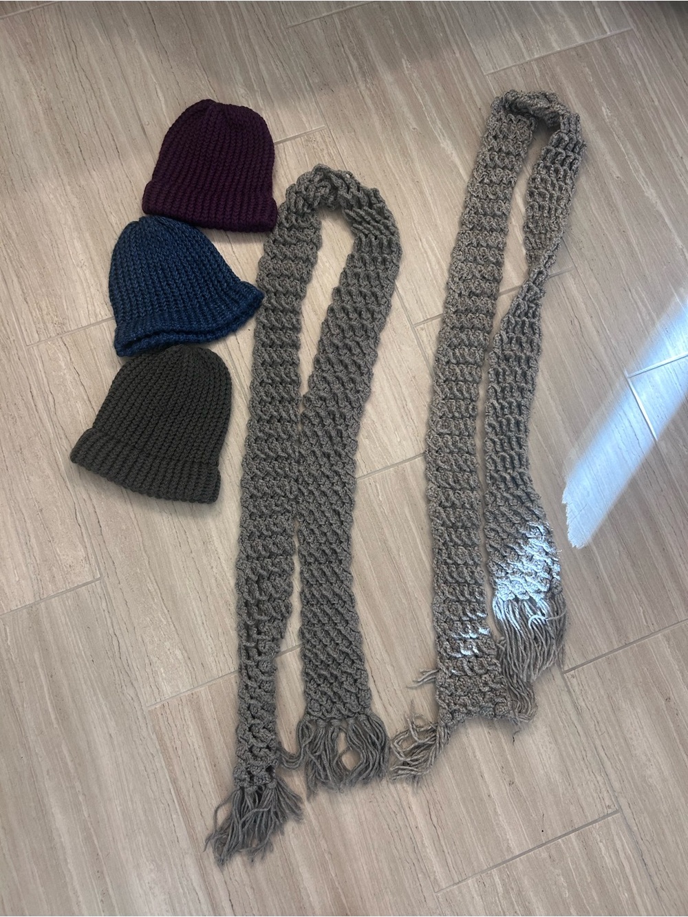 Knit Beanie and Scarf bundle- Gray, Blue, Plum